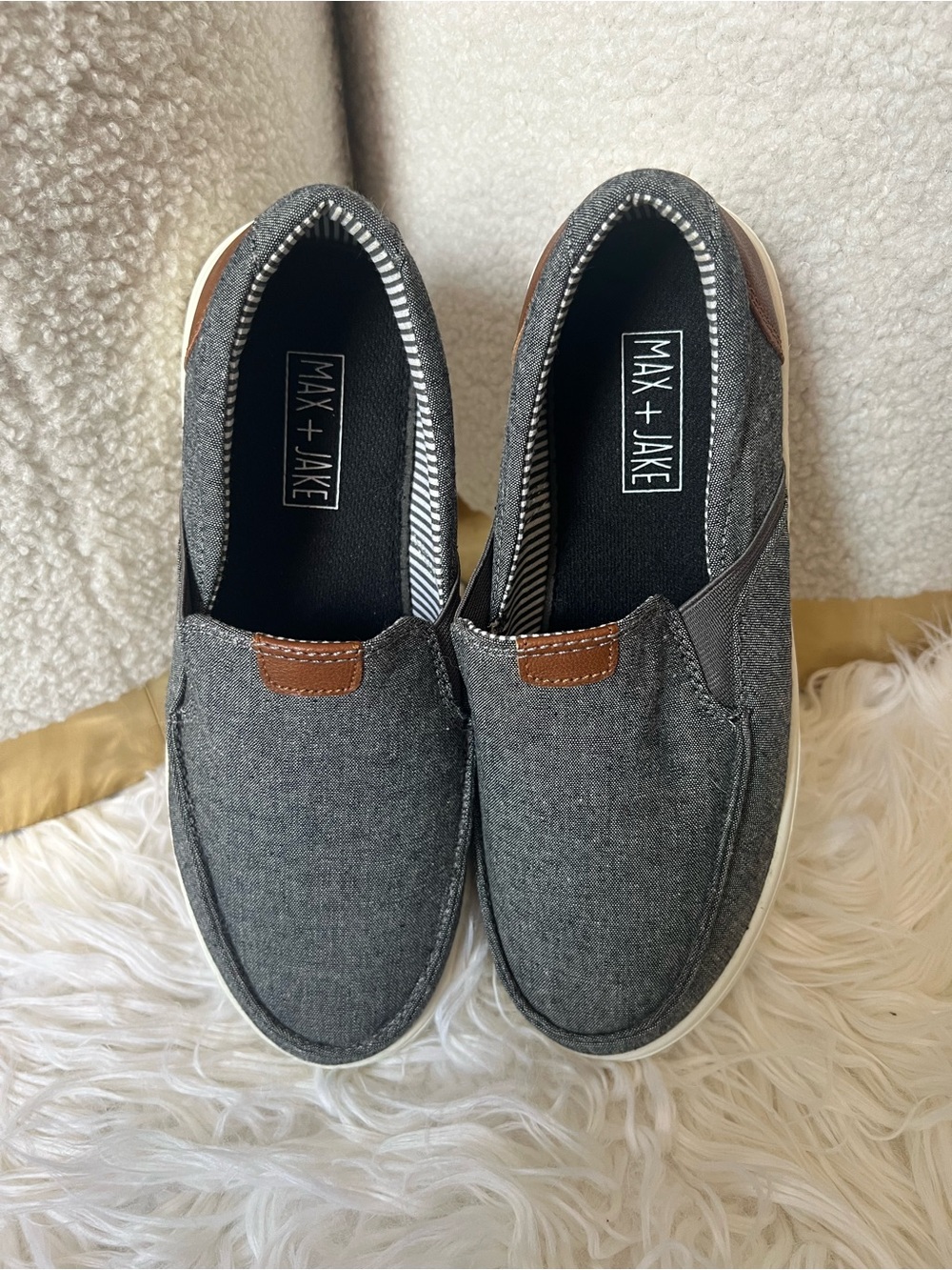 Max + Jake Kids' Gray Slip-On Loafers with Brown Trim